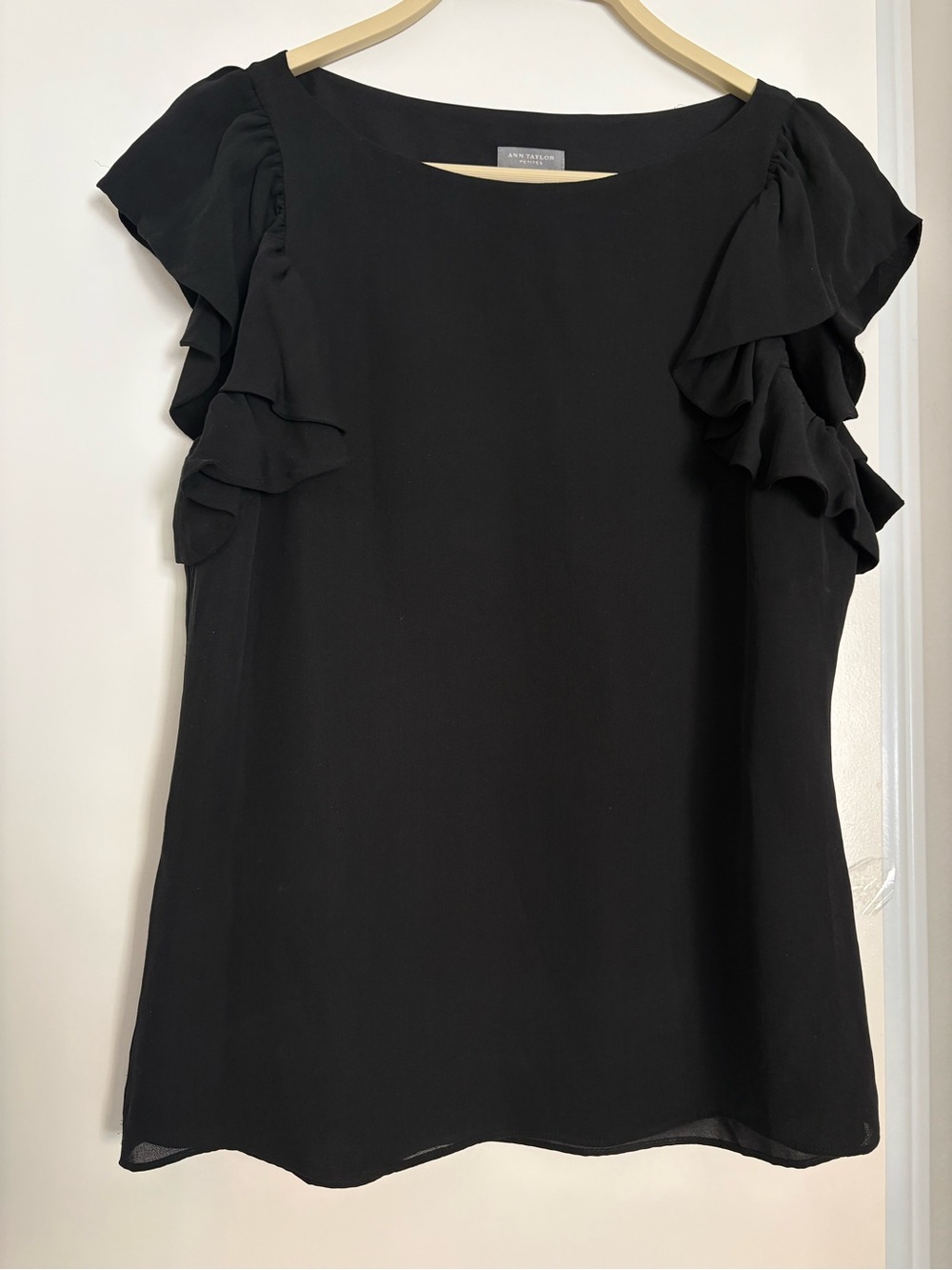 Ann Taylor Silk Black Petite Blouse with Ruffle Detail